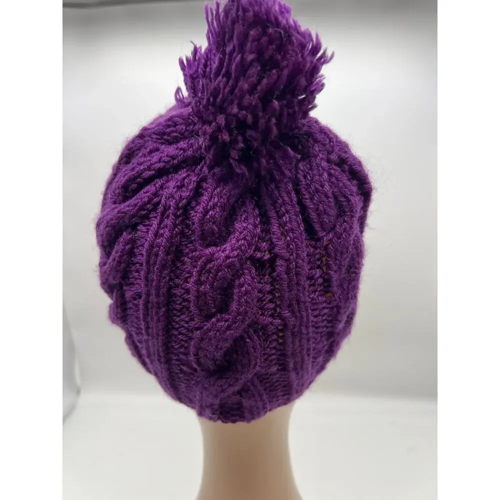 Cable Knit Woven Chunky Purple Beanie Knit Pom Pom‎ Winter Hat Boho Outdoors XS