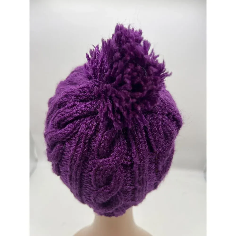 Cable Knit Woven Chunky Purple Beanie Knit Pom Pom‎ Winter Hat Boho Outdoors XS