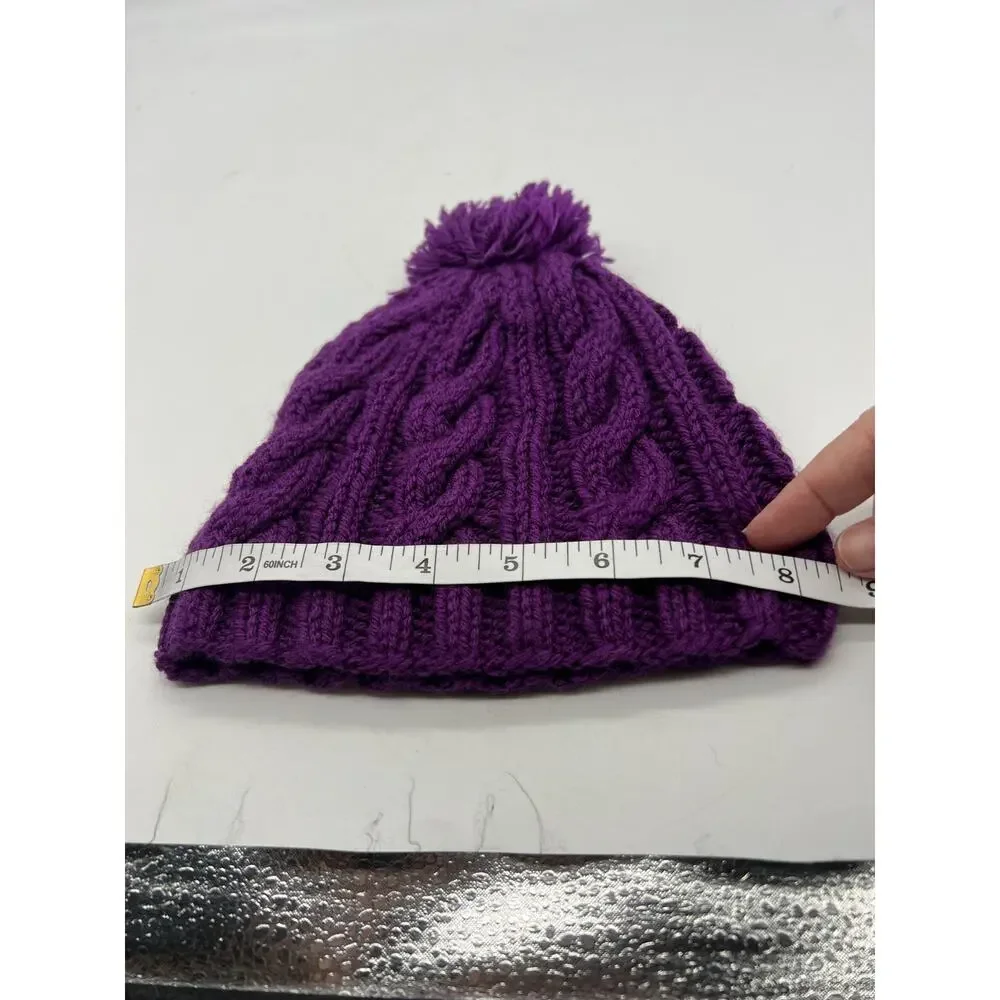 Cable Knit Woven Chunky Purple Beanie Knit Pom Pom‎ Winter Hat Boho Outdoors XS