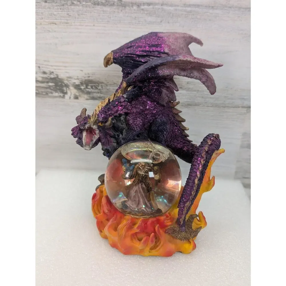 Purple Dragon Wizard Crystal Ball Resin Figurine Statue Fantasy Flames Glitter‎