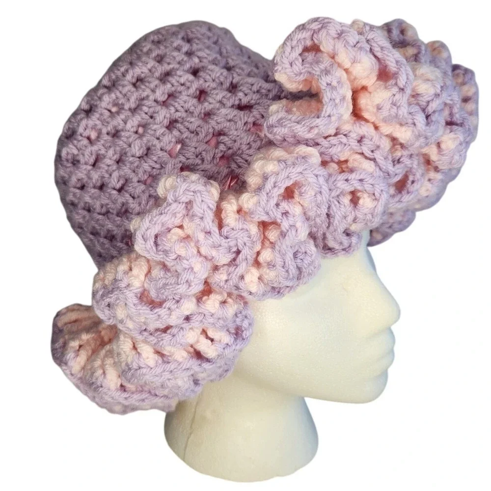 HANDMADE Crochet Ruffle Hat‎ Womens One Size Pink Purple Satin Lined Cap Bonnet