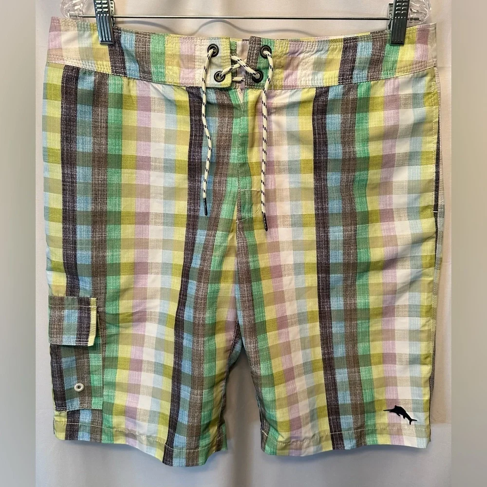 Tommy Bahama Men's 34x10 Plaid Board Shorts Trunks Cream Green Yellow‎ Black