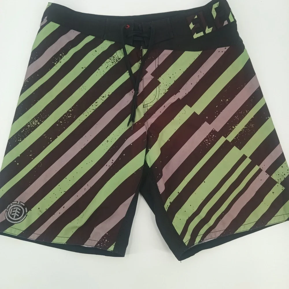 Element Mens Striped Surf Board Shorts Size 34 Green Brown embroidered Logo