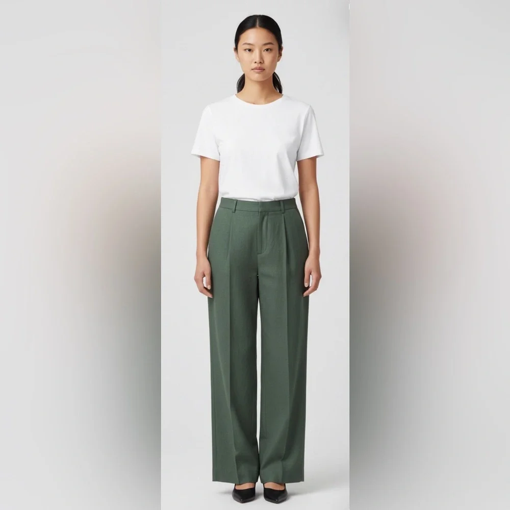 H&M‎ Pants Womens Size 16 Olive Green Linen Woven Pleated Front Slacks Career