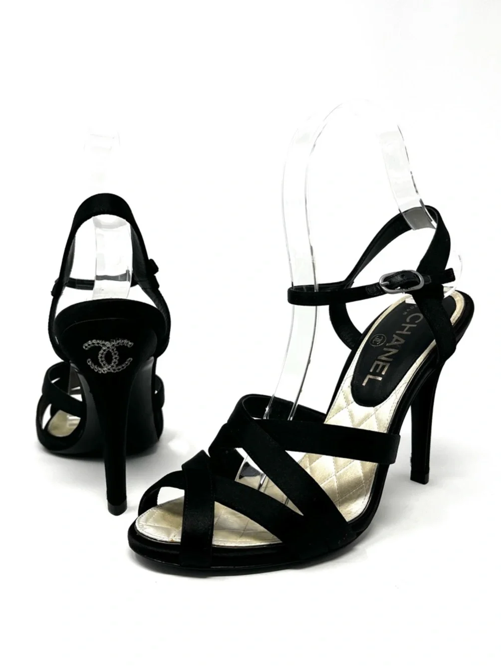 Chanel Strappy Black Satin Silver Crystal CC Logo High Heels Sandals Shoes 37 7