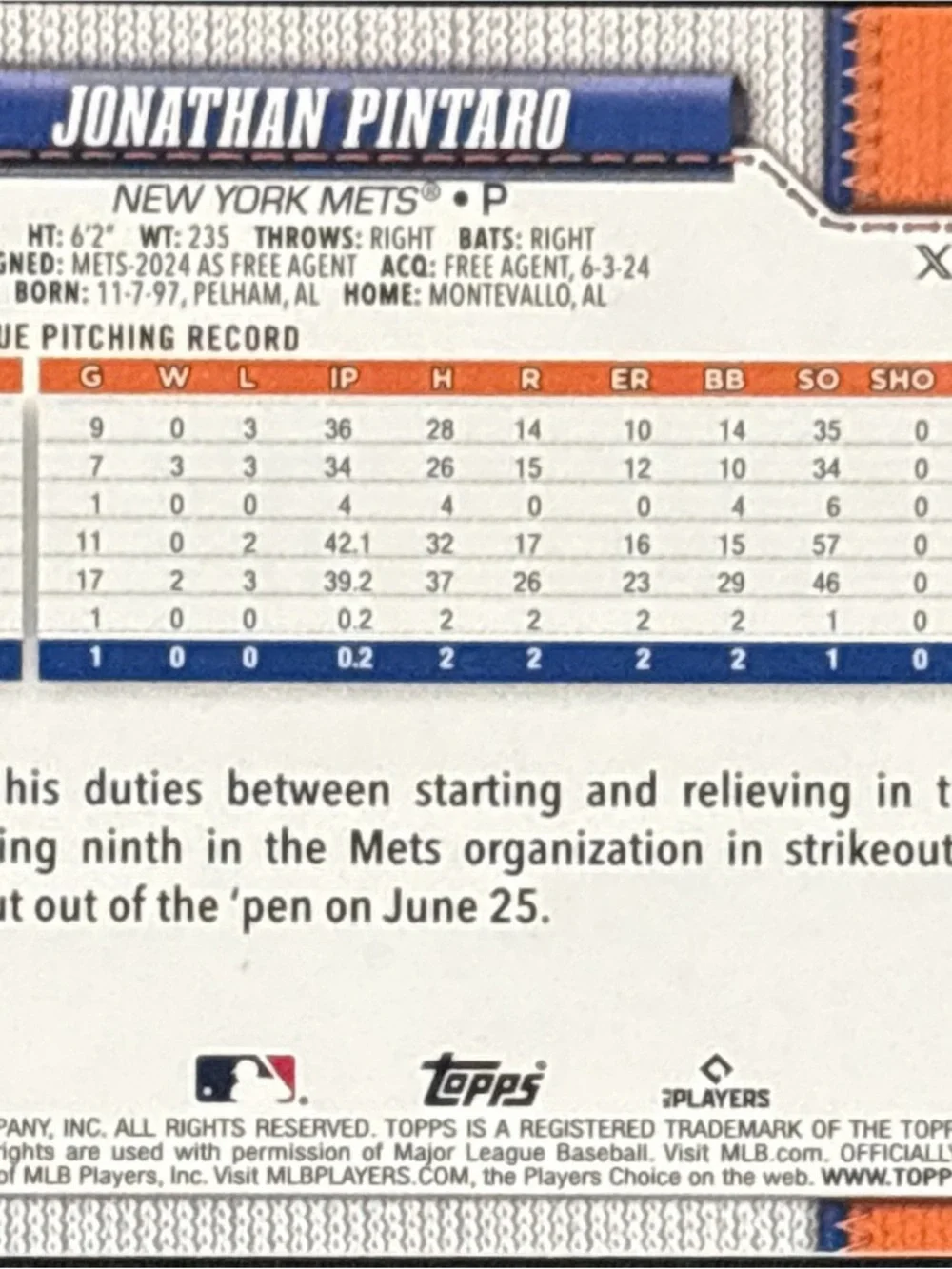 Topps Jonathan Pintaro Mets Rookie Baseball Trading Card