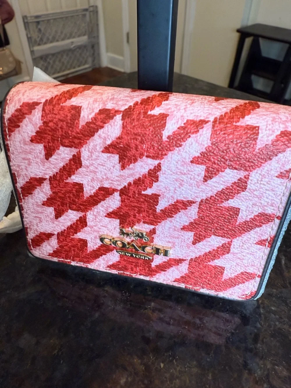 Coach Pink and Red Houndstooth Crossbody Wallet on Chain with Gold Logo