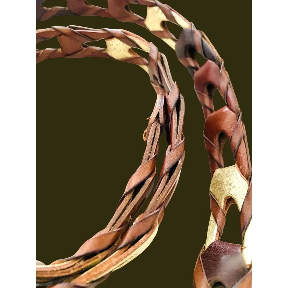 Vintage Fossil Braided Leather Women's Belt Multi Strand Gold Accents Boho Retro