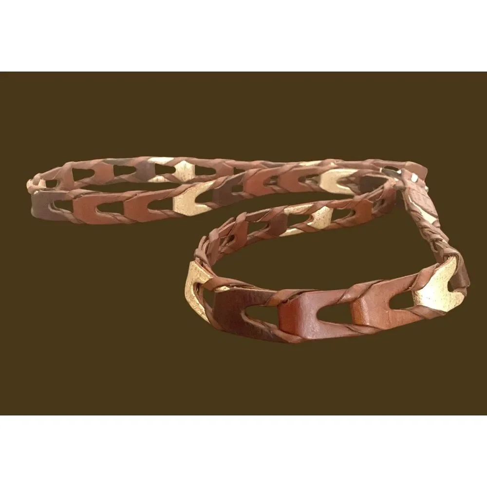 Vintage Fossil Braided Leather Women's Belt Multi Strand Gold Accents Boho Retro