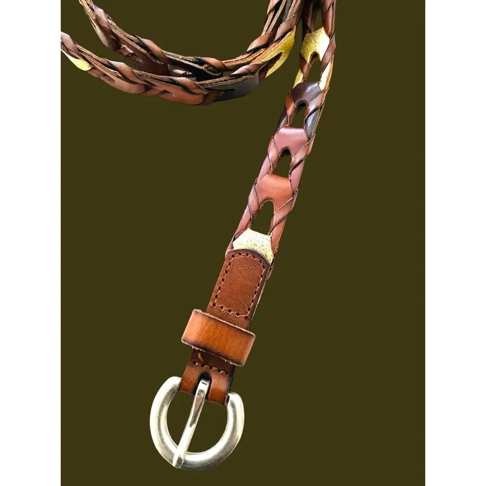 Vintage Fossil Braided Leather Women's Belt Multi Strand Gold Accents Boho Retro