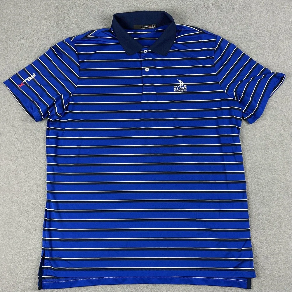 Ralph Lauren Polo Shirt Mens XL Blue Stripe 2015 US Open Chambers Golf‎ RLX