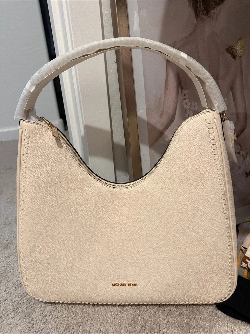 Michael Kors Ivory Pebbled Leather Shoulder Bag with Gold Hardware