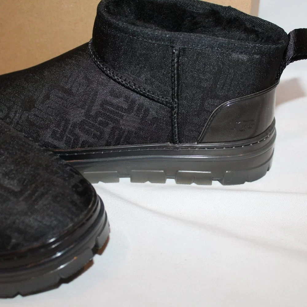 NEW‎ UGG WOMEN'S ULTRA MINI ALL OVER LOGO PLATFORM ANKLE BOOTS BLACK
