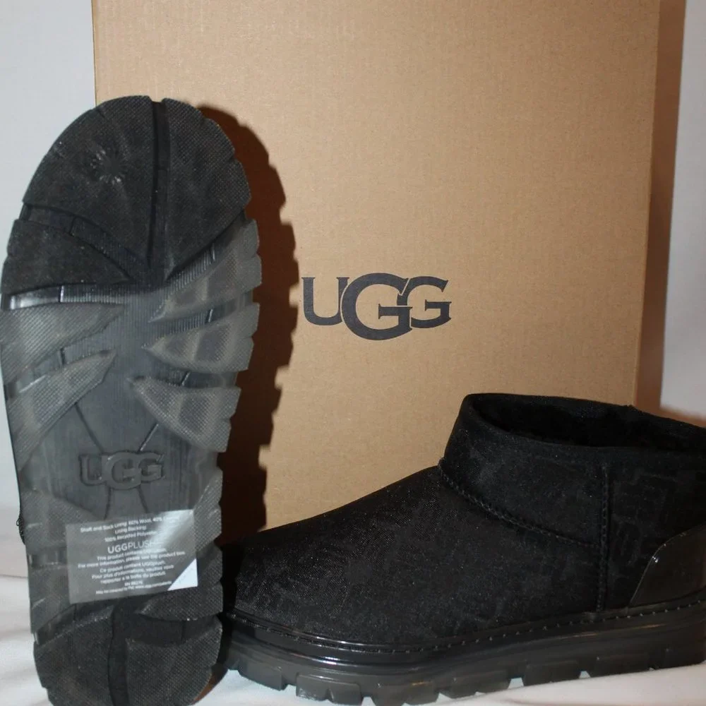 NEW‎ UGG WOMEN'S ULTRA MINI ALL OVER LOGO PLATFORM ANKLE BOOTS BLACK