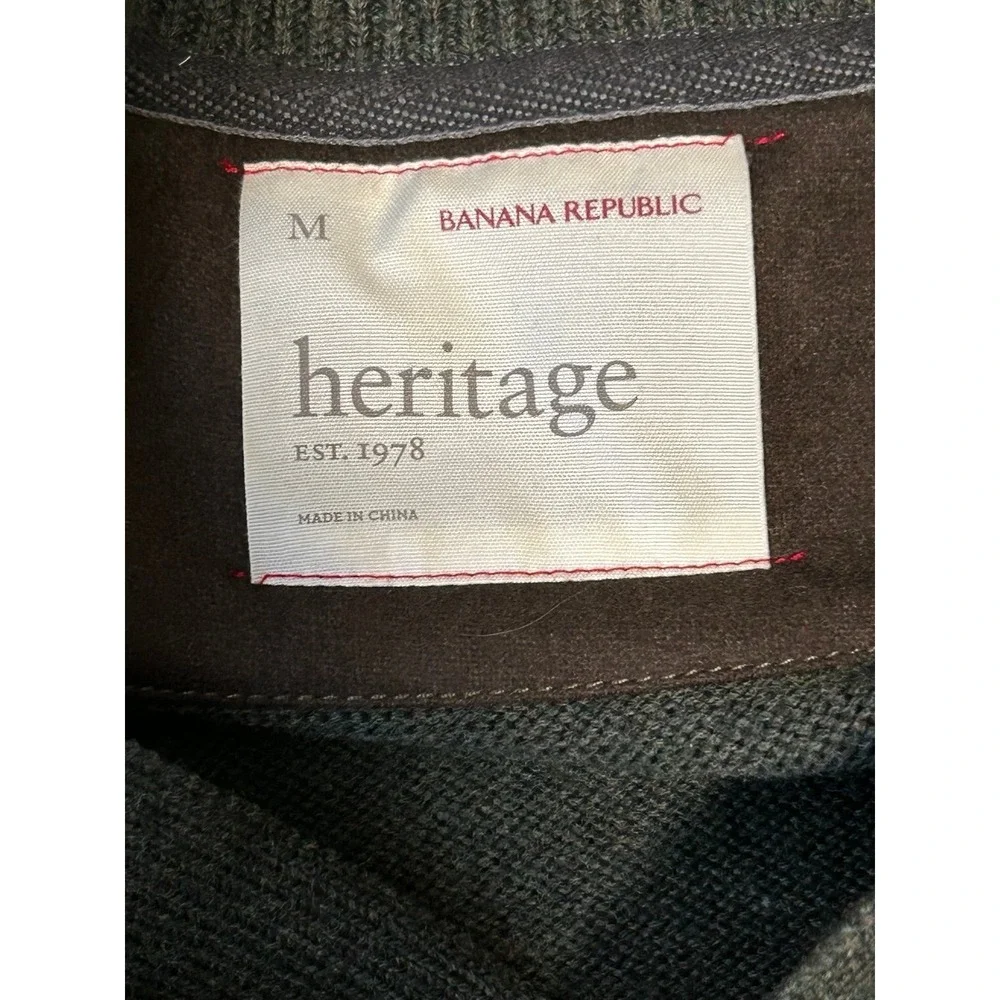 Banana Republic Heritage Merino Wool Sweater M Green Quarter Button Elbow Patch