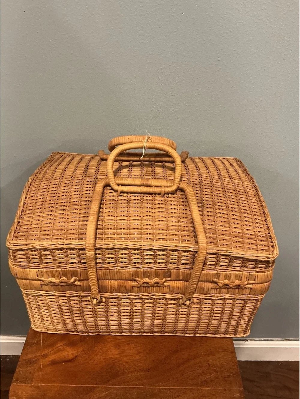 Vintage Wicker Picnic Basket with Handles Large Hinged Lid