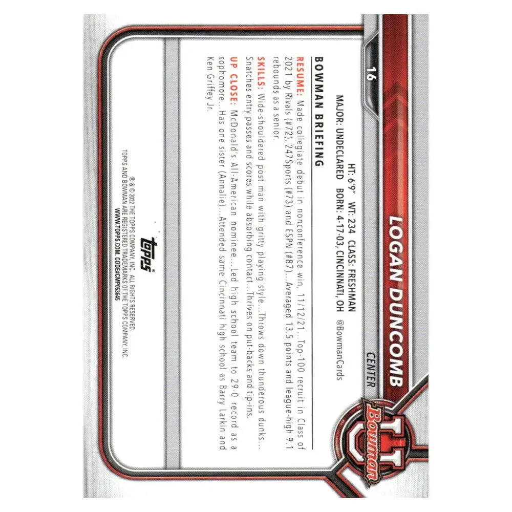 2021-22 Bowman University #16 Logan Duncomb