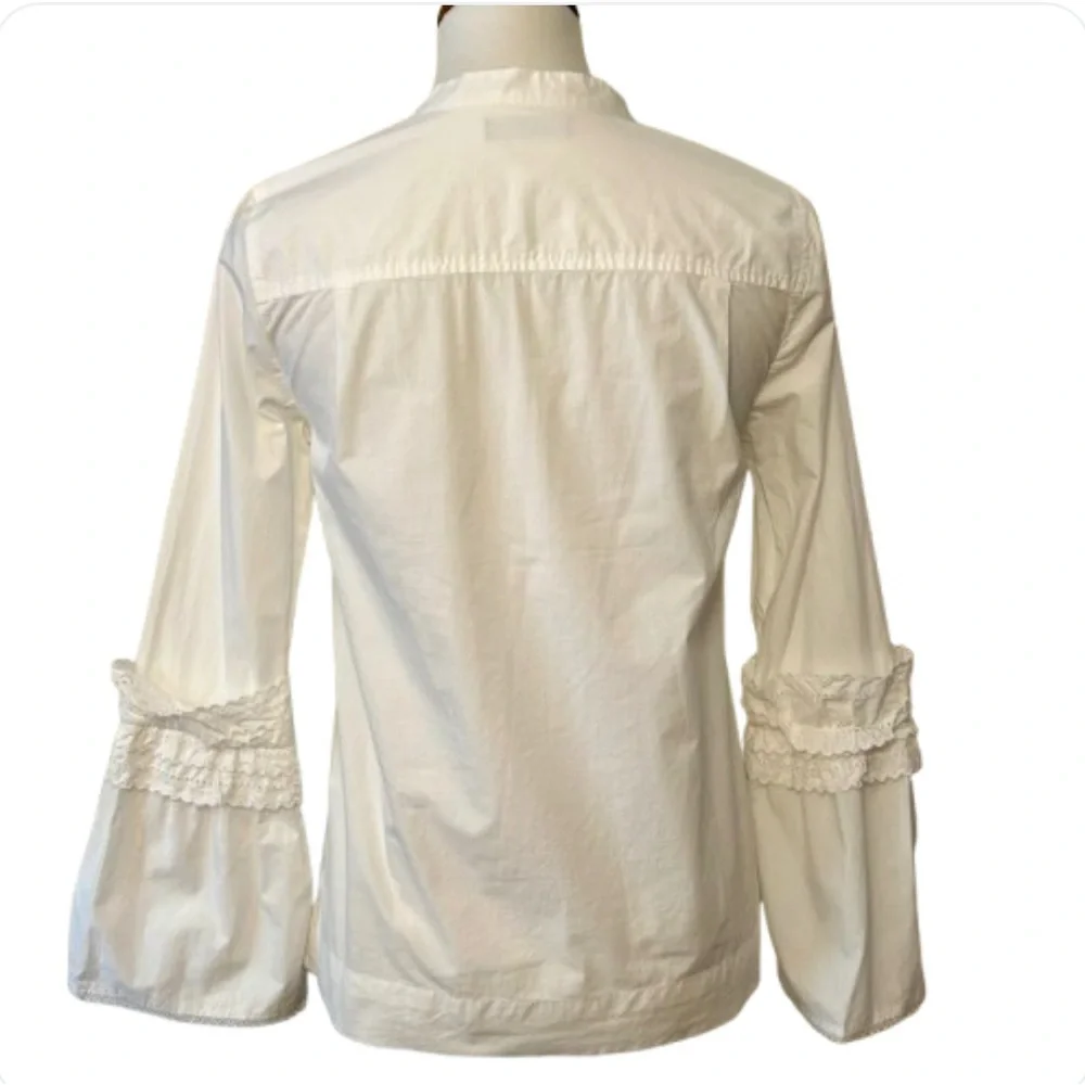 J. Crew Eyelet Crochet Bell Sleeve Popover Mandarin Collar Cotton Blouse Top S