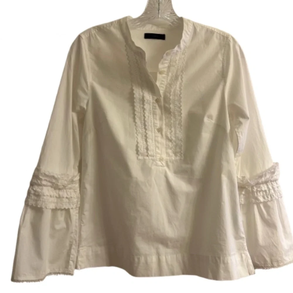 J. Crew Eyelet Crochet Bell Sleeve Popover Mandarin Collar Cotton Blouse Top S