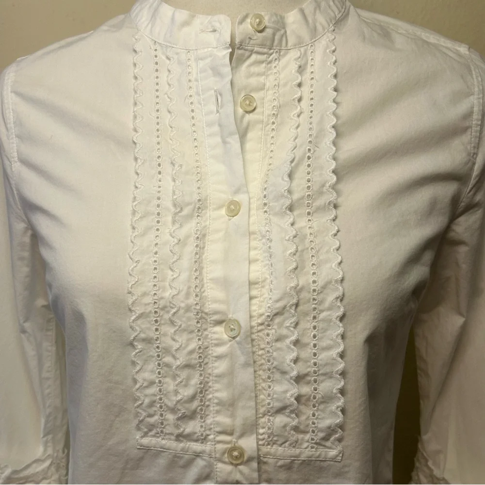 J. Crew Eyelet Crochet Bell Sleeve Popover Mandarin Collar Cotton Blouse Top S