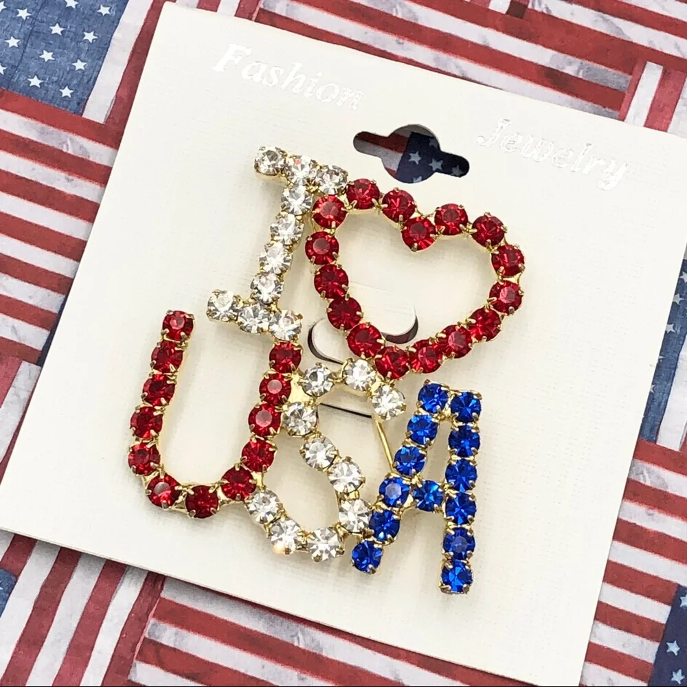 I Love USA Pin Rhinestone Large Brooch