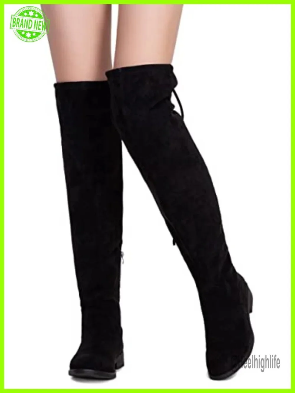 Faux Suede Over the Knee High Boots Low Flat Heel Side Zip Thigh High Boots