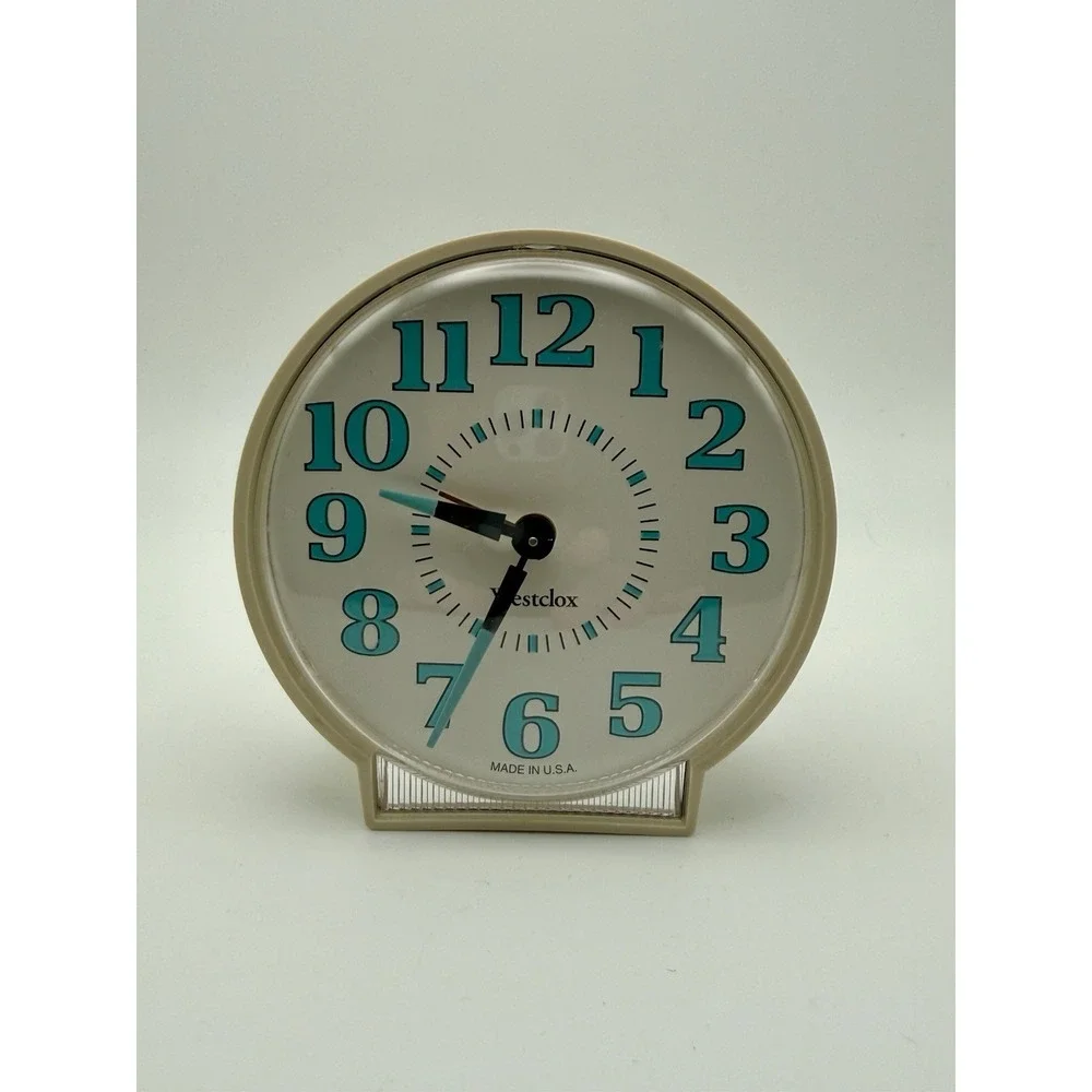 Vintage White Westclox Wind Up Alarm Clock Glow In The Dark Turquoise Numbers