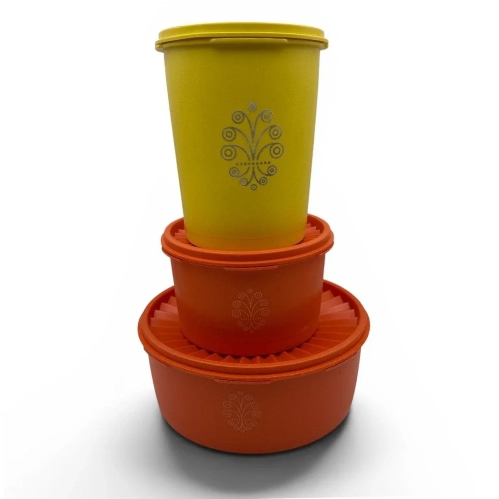 Tupperware Canister Set Orange Yellow Retro Sunburst Lid 3pc Mismatch Vintage