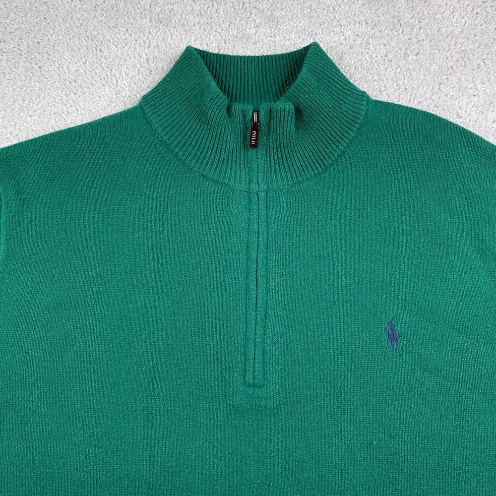 Polo Ralph Lauren Sweater Mens XXL Green Wool Quarter Zip Pullover Classic Logo