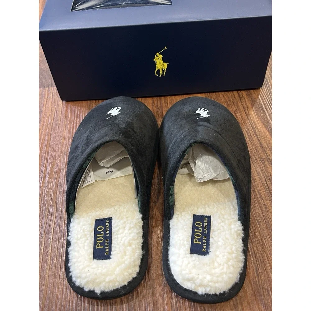 Polo Ralph Lauren Men's Klarence Scuff Slippers Black, White Pony Sz 8 New