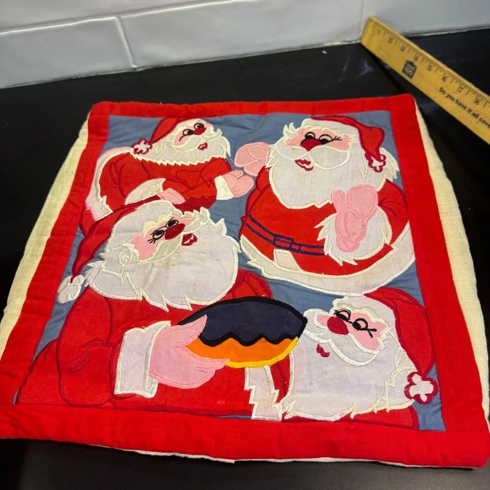 Vintage Pillow Case Home Decor 15x15 Red Retro Applique Santa Claus Christmas
