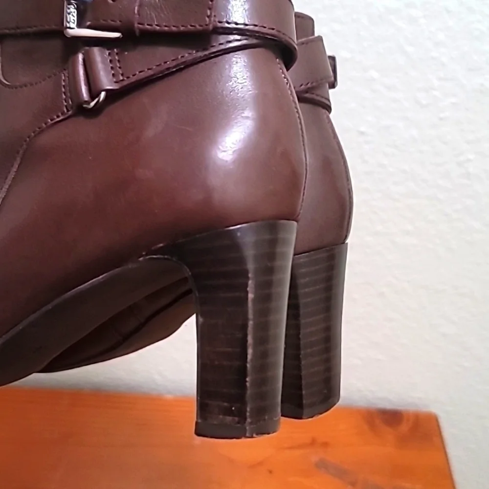 Lauren‎ Ralph Lauren Brown Leather Buckle Ankle Boots Womens Pointed Toe Heel