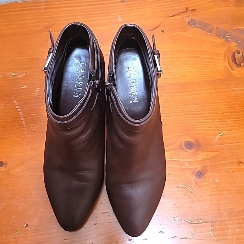 Lauren‎ Ralph Lauren Brown Leather Buckle Ankle Boots Womens Pointed Toe Heel