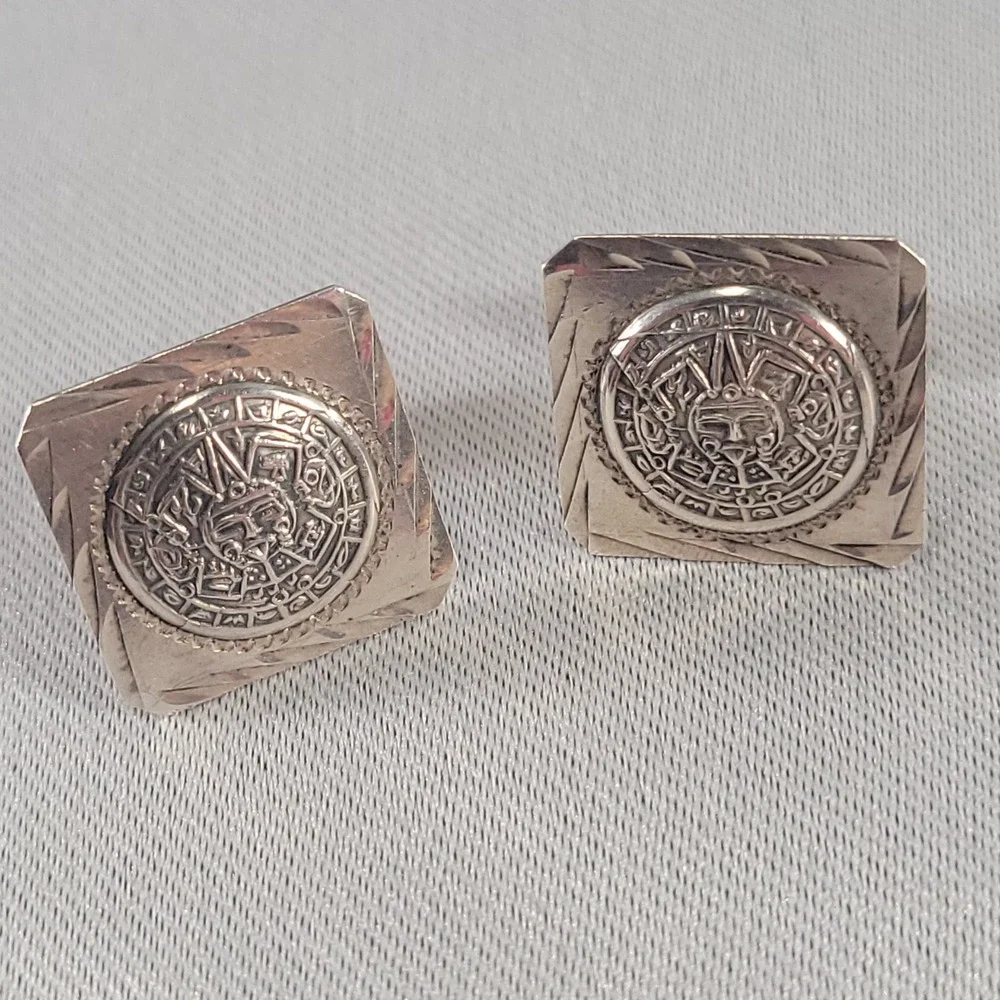 Mexico Sterling Silver Cufflinks Mens Aztec Sun Stone Calendar Square DF GZH 06
