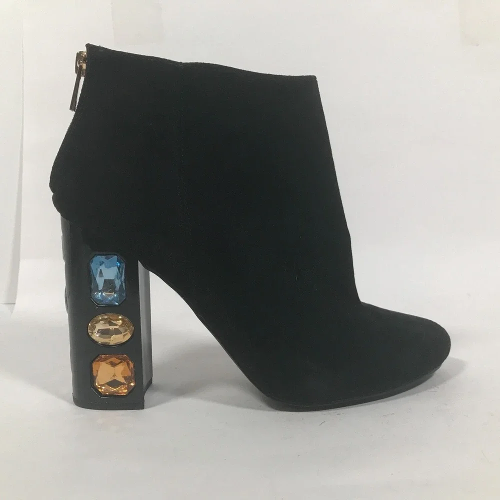 Shoedazzle Cassey Womens Size 9 Ankle Bootie Black Faux Suede Jeweled 4.5in Heel