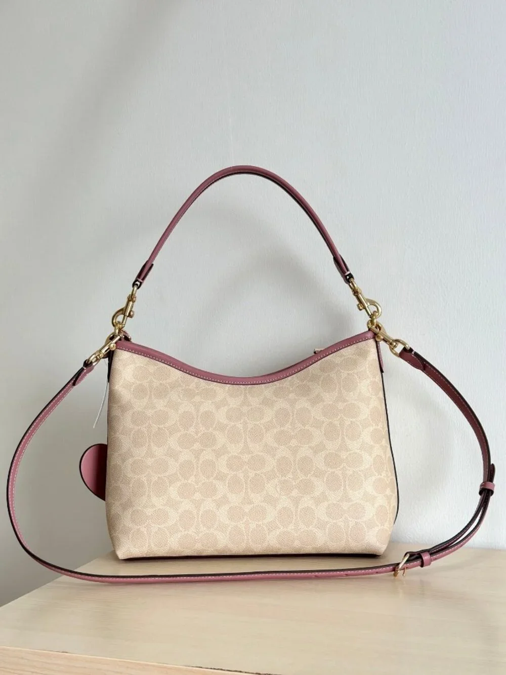 COACH Laurel Canvas Cream Pink Leather Shoulder Bag