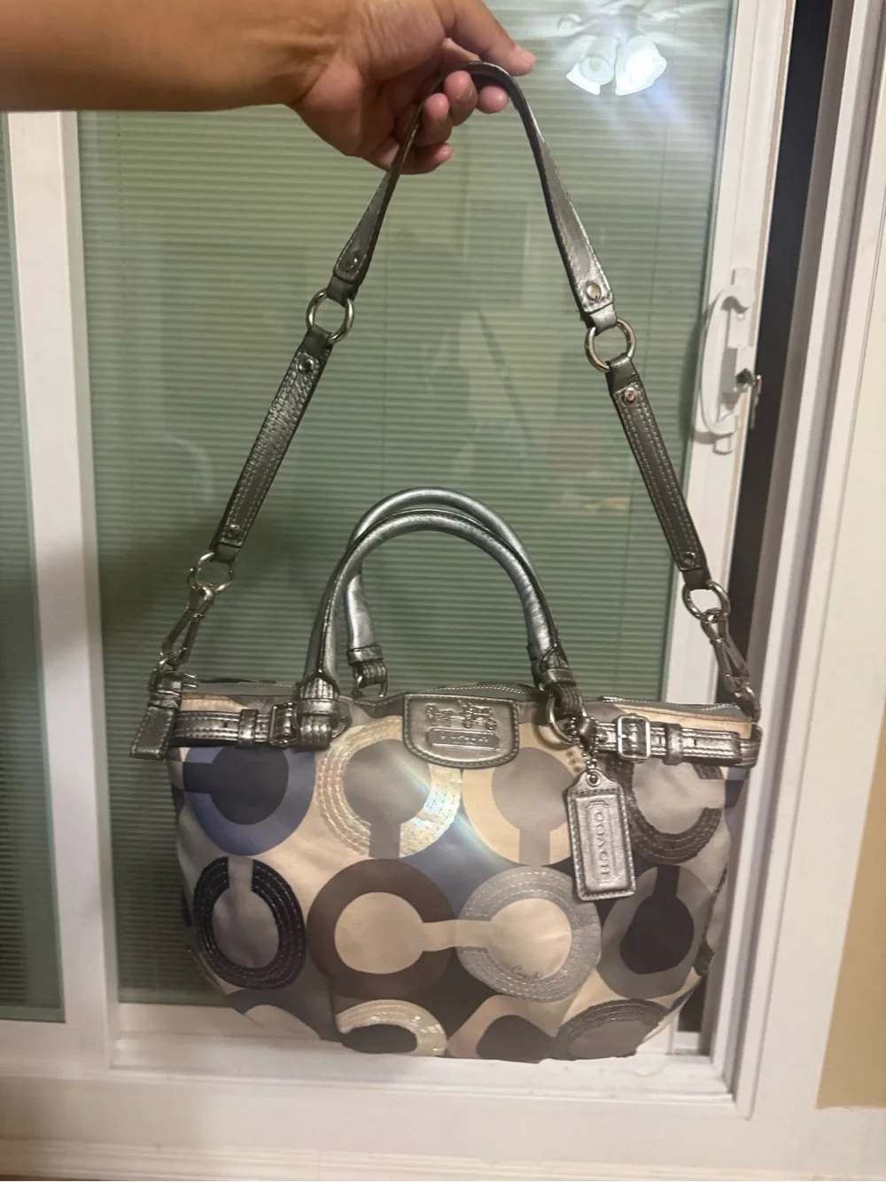 Coach Metallic Gray Signature Circle Shoulder Bag