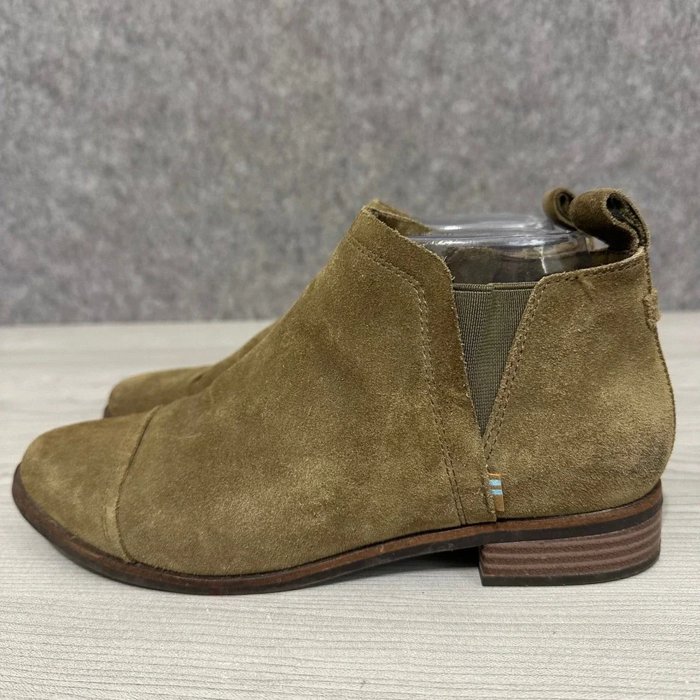 TOMS Reese Suede Ankle Booties Olive Green Women US Size‎ 7 Side Zip Boot