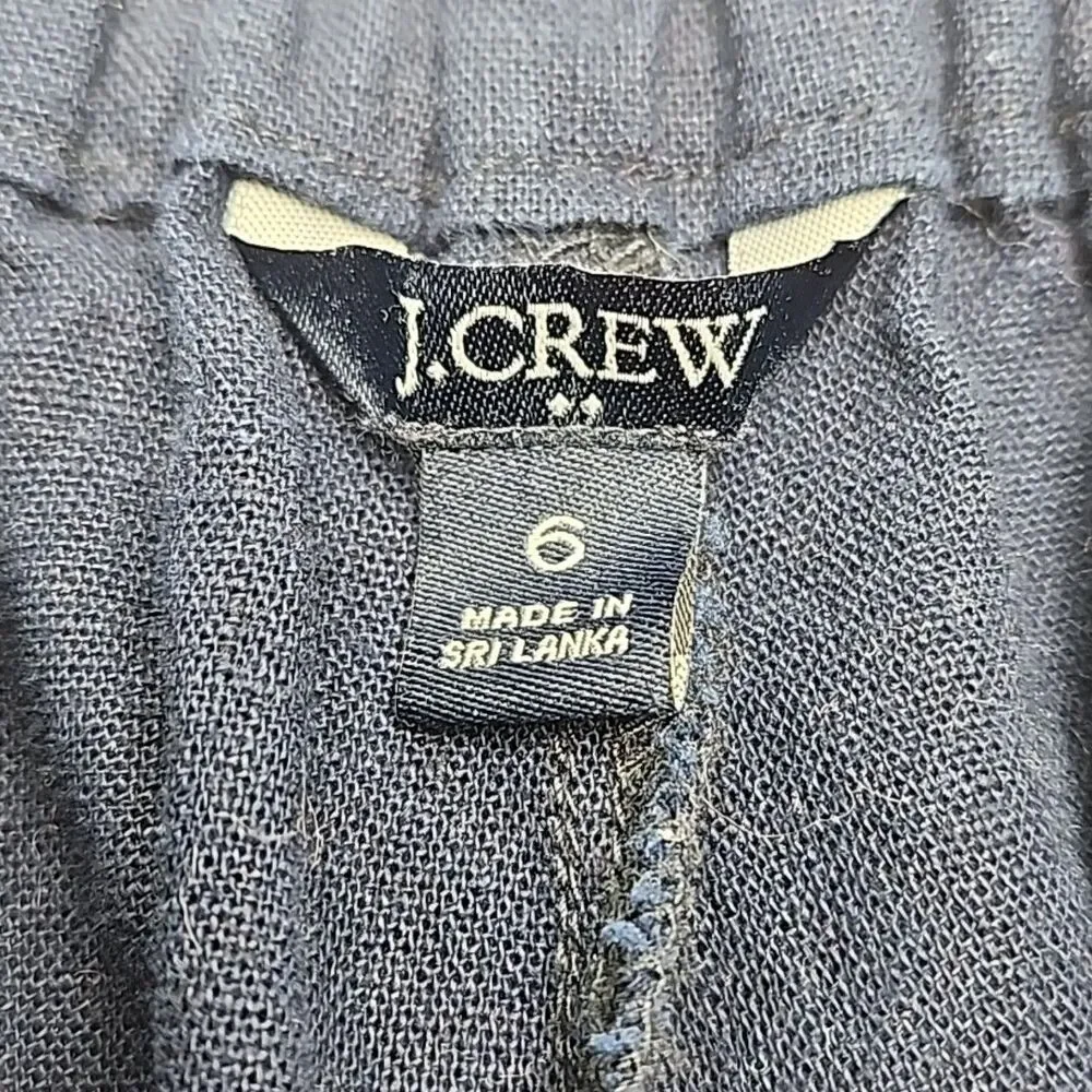 J Crew Pants Linen Blend Blue Wide Leg Elastic Waist Tie Women Size 6 Pull-On