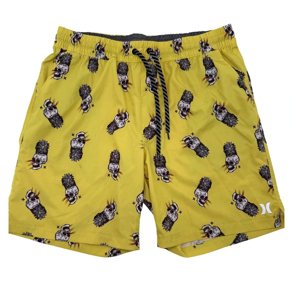 Hurley Mens Pineapple‎ Skull Board Shorts Yellow Swim Trunks Size 32