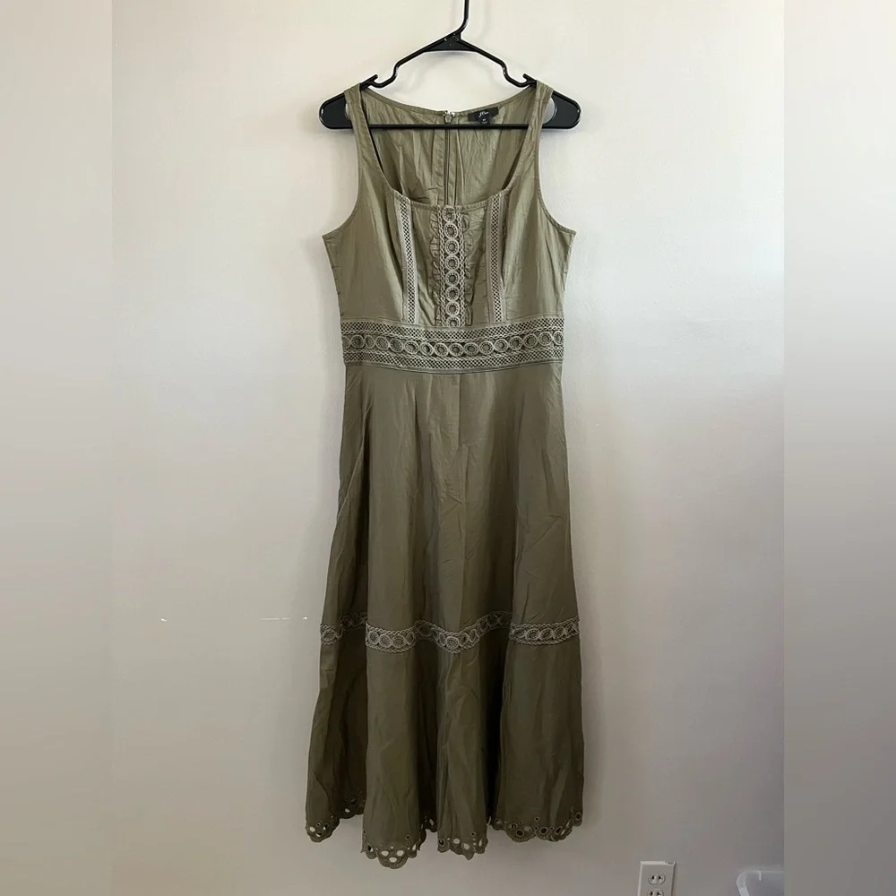 J. Crew Olive Green Midi Dress with Lace Trim