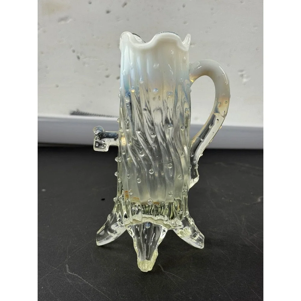 Northwood White Opalescent‎ Tree Trunk Glass Vase with Handle Antique EAPG 6.5