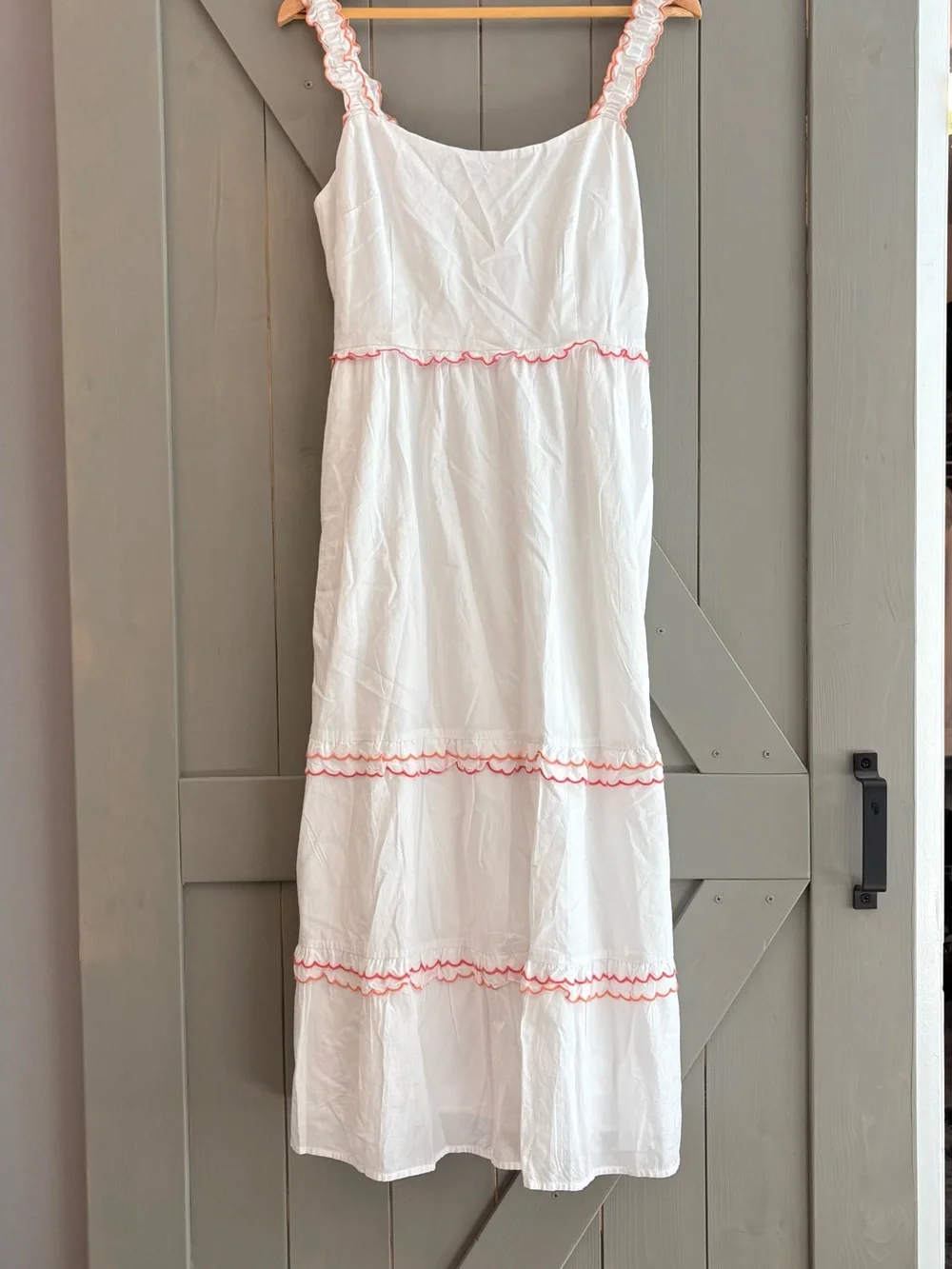 J. Crew White Maxi Dress with Pink Scalloped Trim