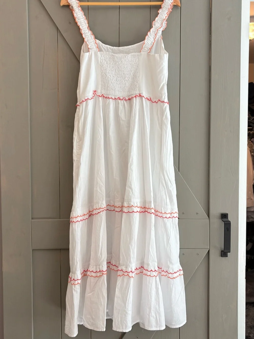 J. Crew White Maxi Dress with Pink Scalloped Trim