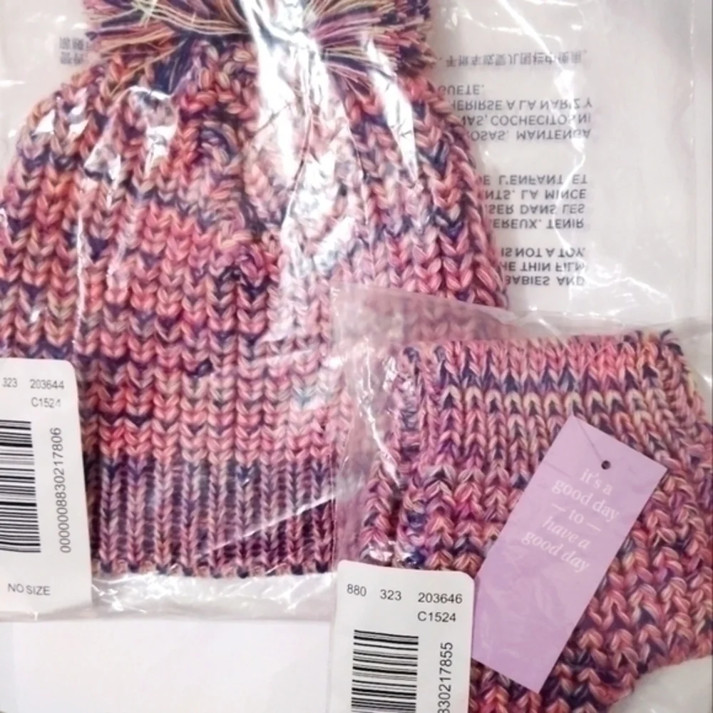 Knitted Pom-pom Hat And Fingerless Gloves Set- Multicolor