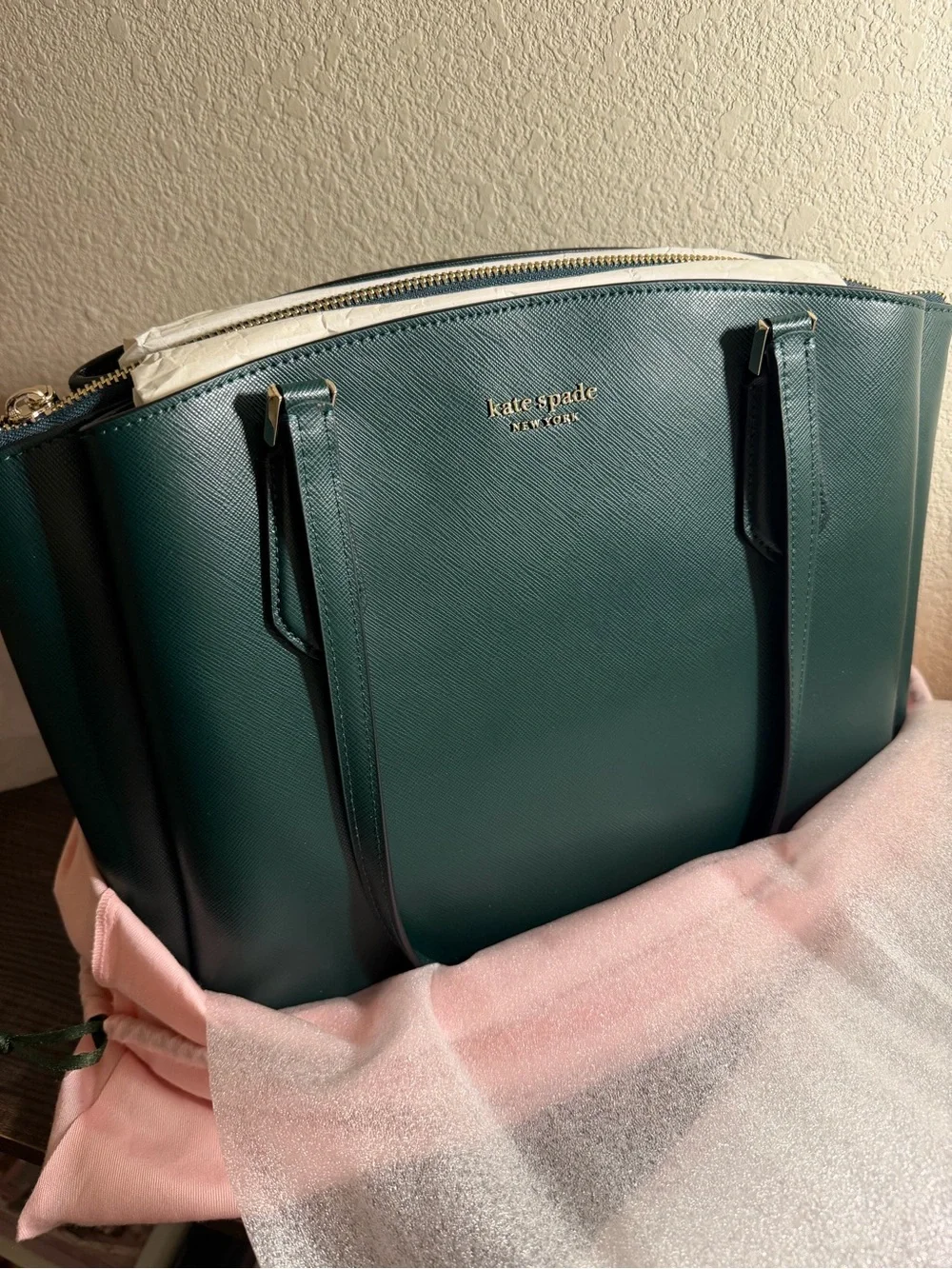 kate spade Dark Green Saffiano Leather Tote with Cream Trim