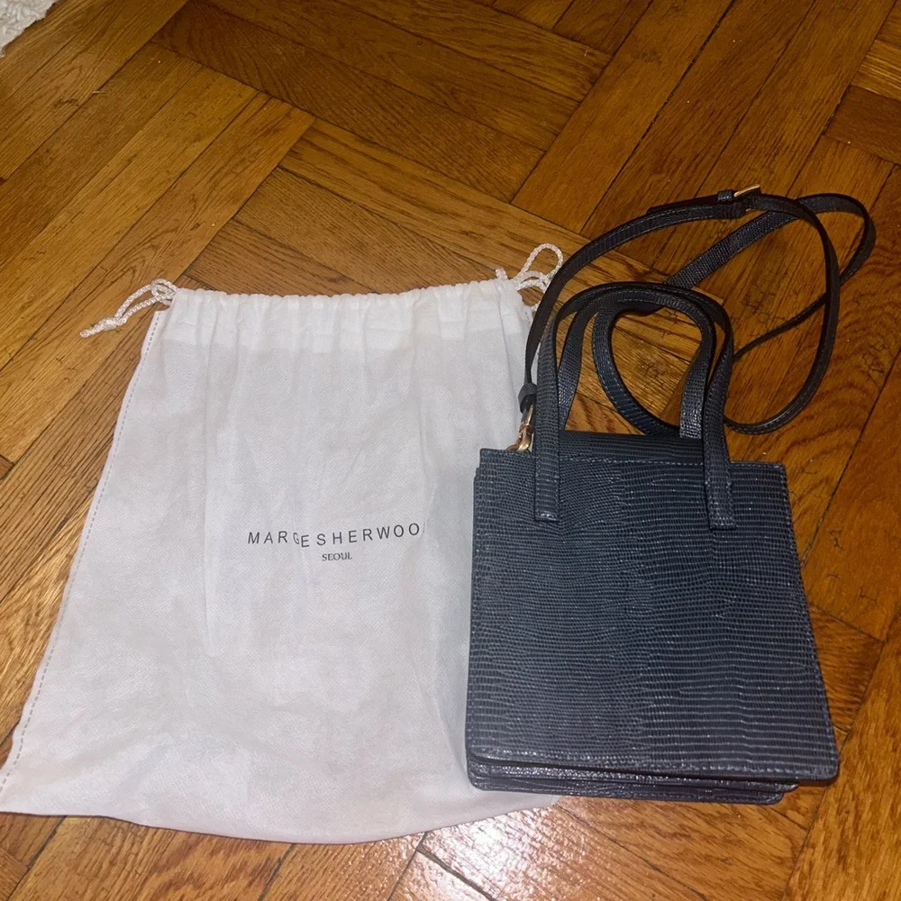 Textured Navy Square Satchel with Top Handles