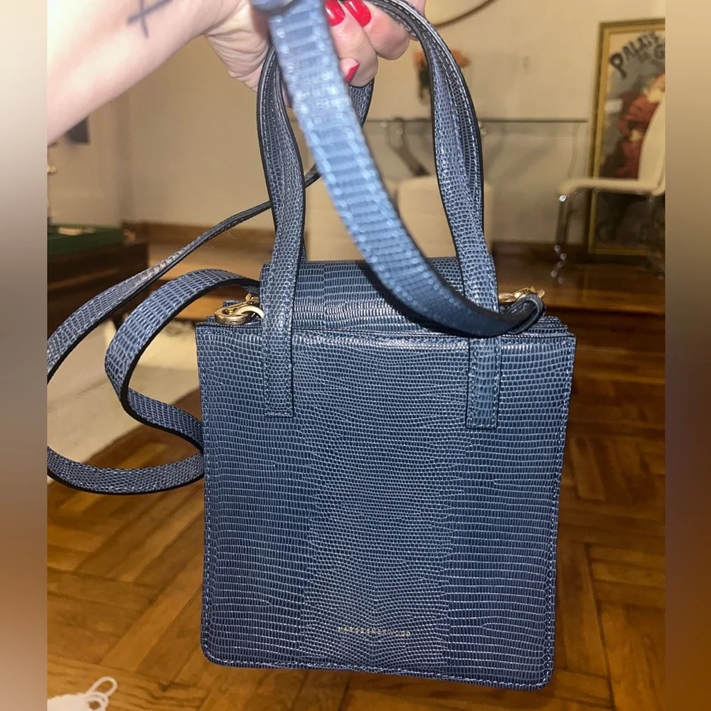 Textured Navy Square Satchel with Top Handles