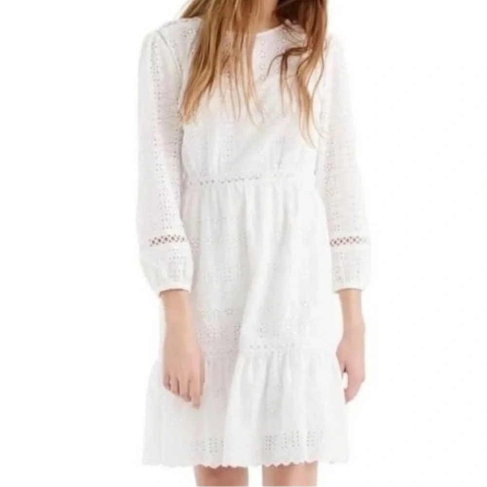 J. Crew‎ White Eyelet Cutout Long Sleeve Lined Dress Size 4