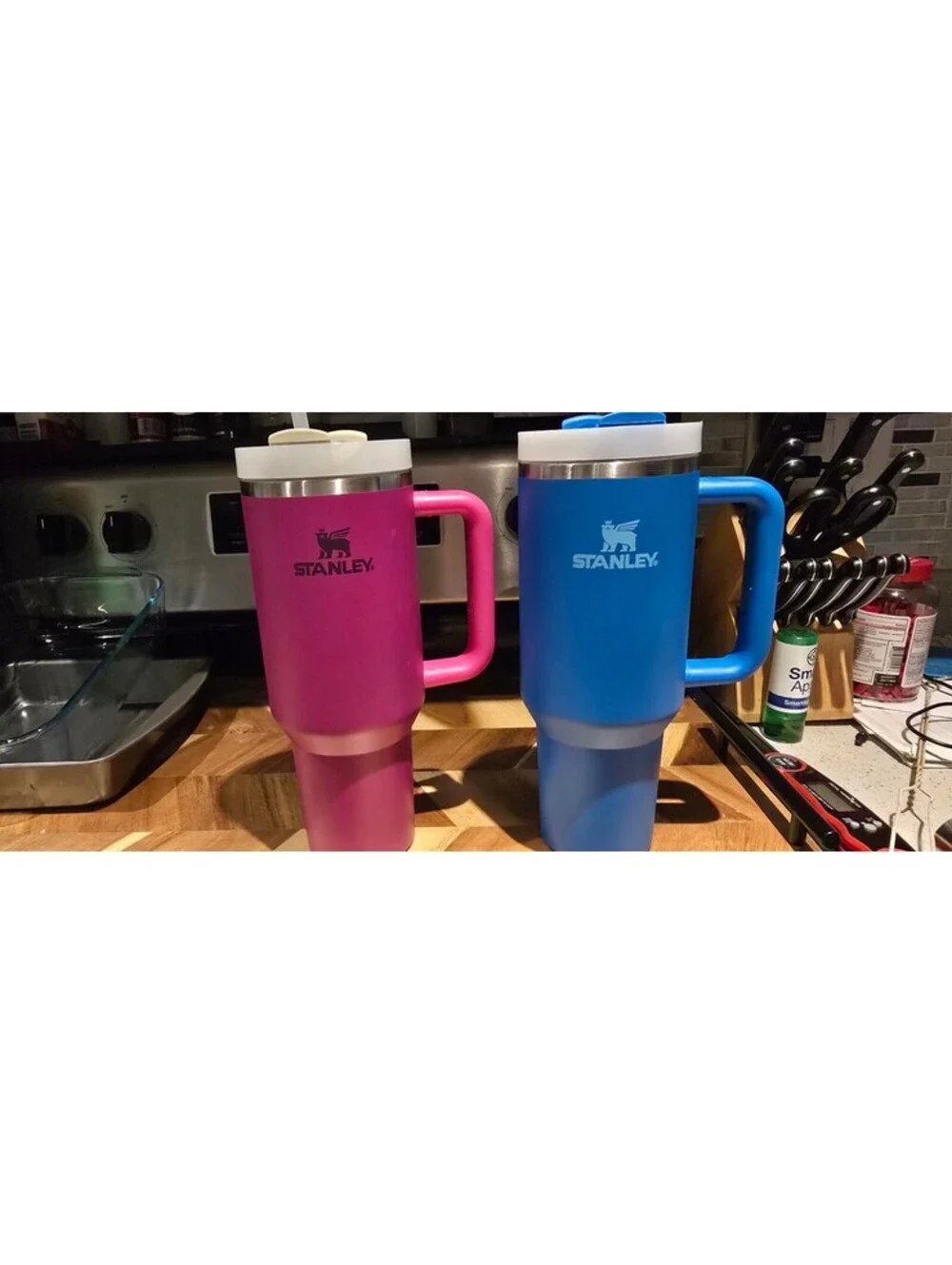 Stanley Pink and Blue Insulated Travel Mugs with Handles and Straws - Set of 2